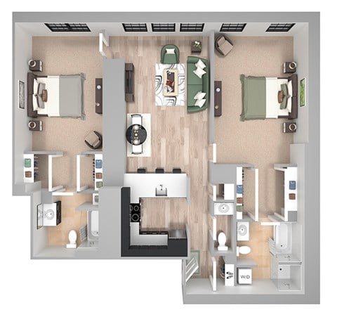 Floor plan for 2 beds, 2.5 baths, 1285 sqft